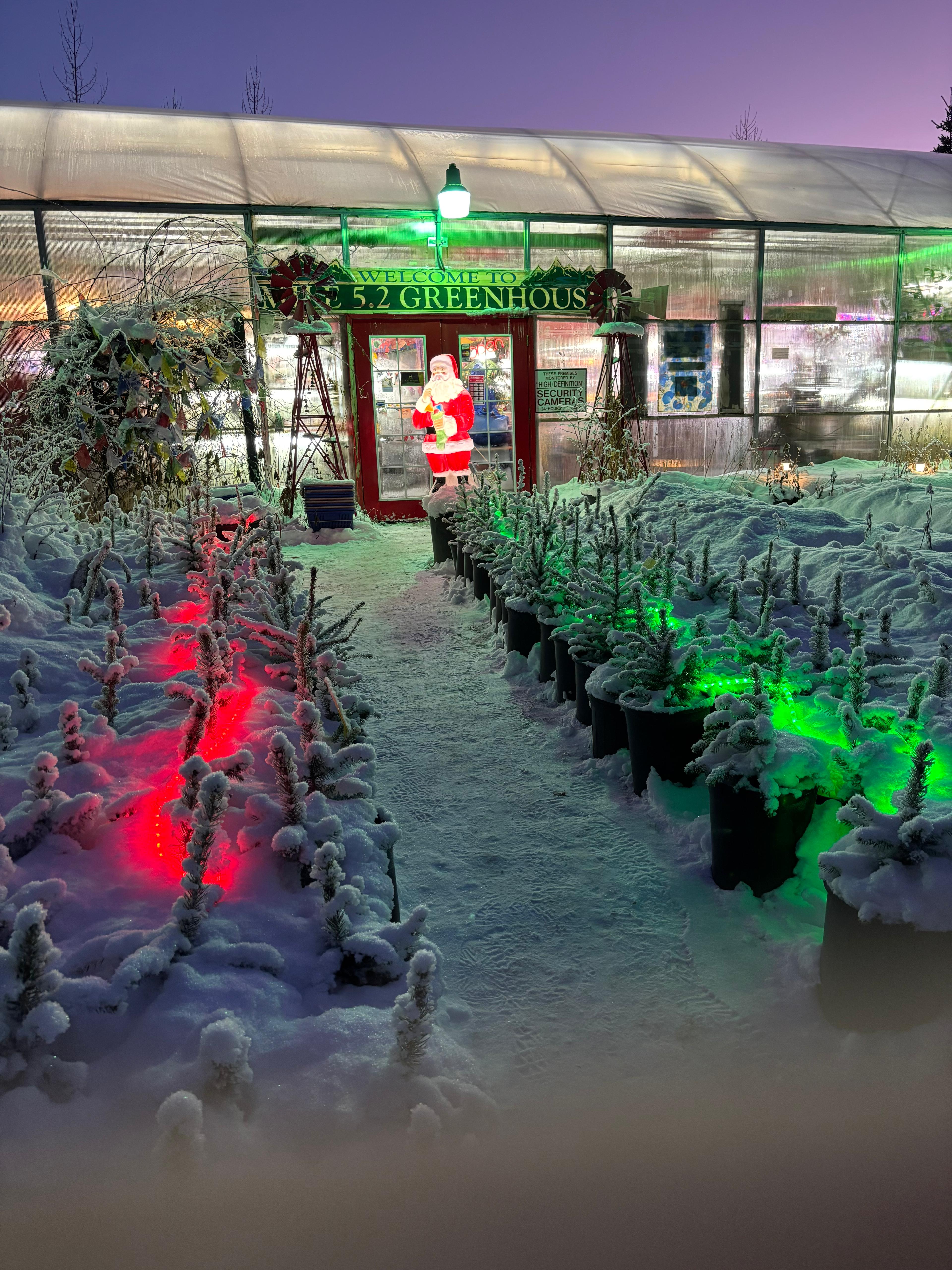Snowy entrance to Mile 5.2 Greenhouse in Eagle River, Alaska